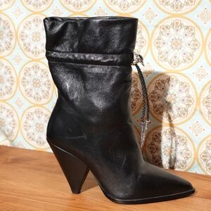 THE KOOPLES Black Leather Cone-heeled Mid-calf Boot w/Bolo Tie Drawstring Shaft